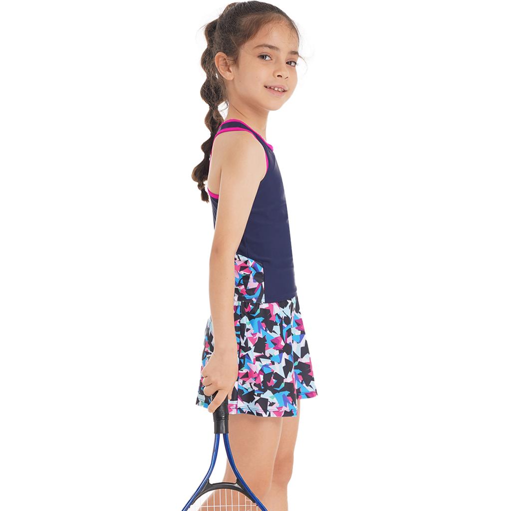 2Pcs Kids Girls Tennis Suit Sleeveless Racer Back T-shirt Top and Elastic Waist Skirt with Built-in Shorts Set for Running Gym Tennis Golf Sportswear