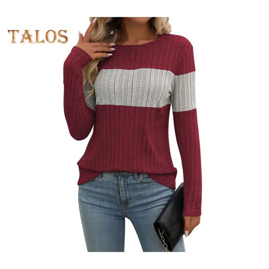 Женские топы с круглым вырезом и длинным рукавом, цветные ребристые трикотажные топы свободного кроя, повседневные свитера, повседневная одежда