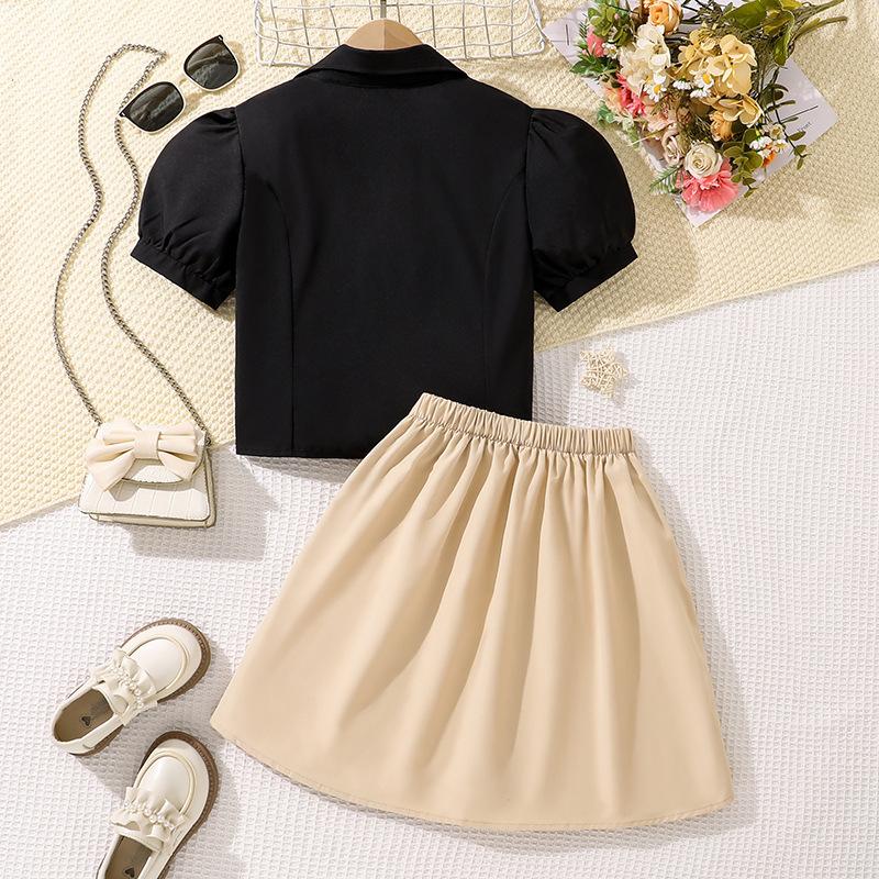 Костюм для девочки, детская футболка, летняя новая рубашка в студенческом стиле с рукавами-фонариками + плиссированная юбка на половину тела с бантом, 2 шт.