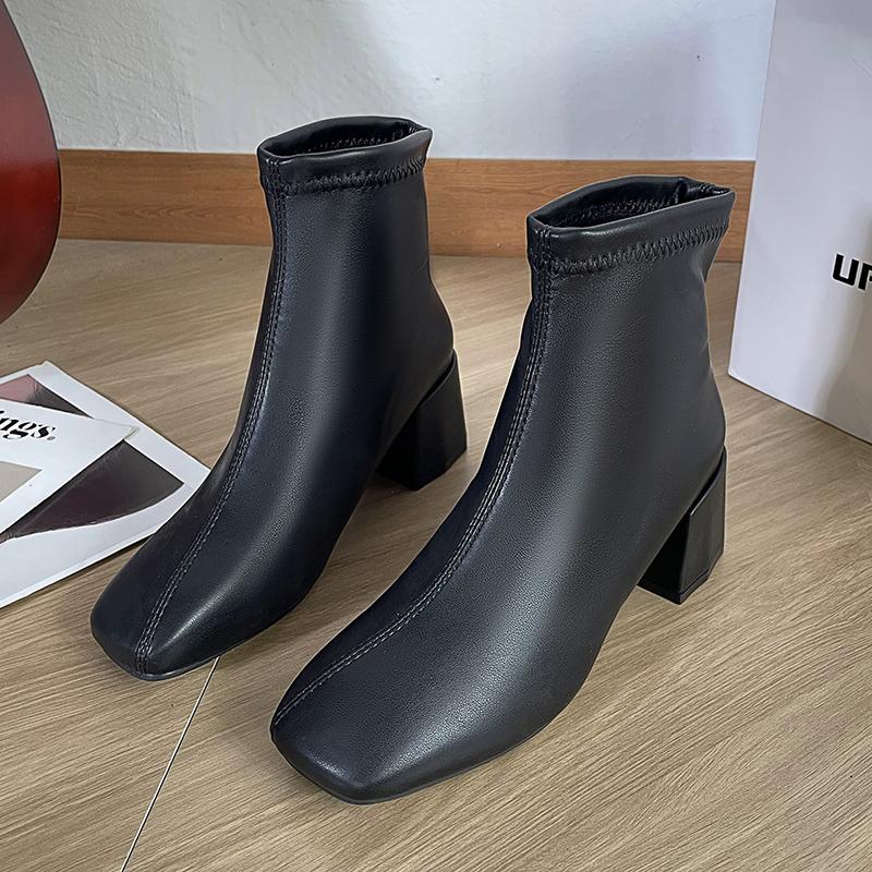 Fashion Casual Women's Thick Heel Medium Heel Boots Women's 2024 New Winter Square Toe Back Zipper Heightening Short Boots