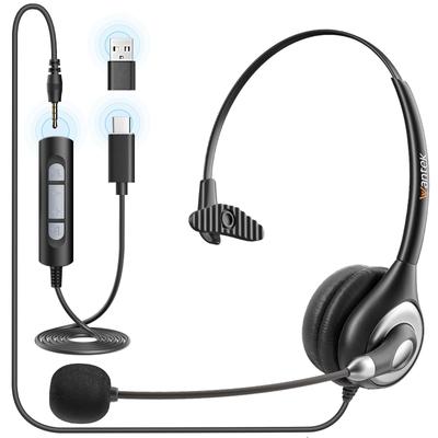 Wantek USB Одноухий с Микрофоном и Проводные PC Наушники для Веб-Конференций и Звонков, с USB-подключением Type-C 3,5 мм Гарнитура,