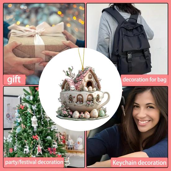 1Pc/5Pcs Easter Coffee Cup House Ornaments Chocolate Mug Bunny House Pendant 2D Acrylic Hot Cocoa Mug Spring Ornament for Holiday Home Decor