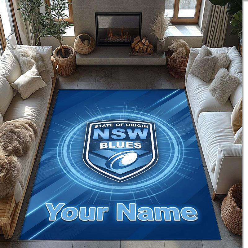 NSW Blues logo Crystal Velvet Rug, Custom Name Text Personalized Non‑Slip Floor Mat for Home Decor Gift