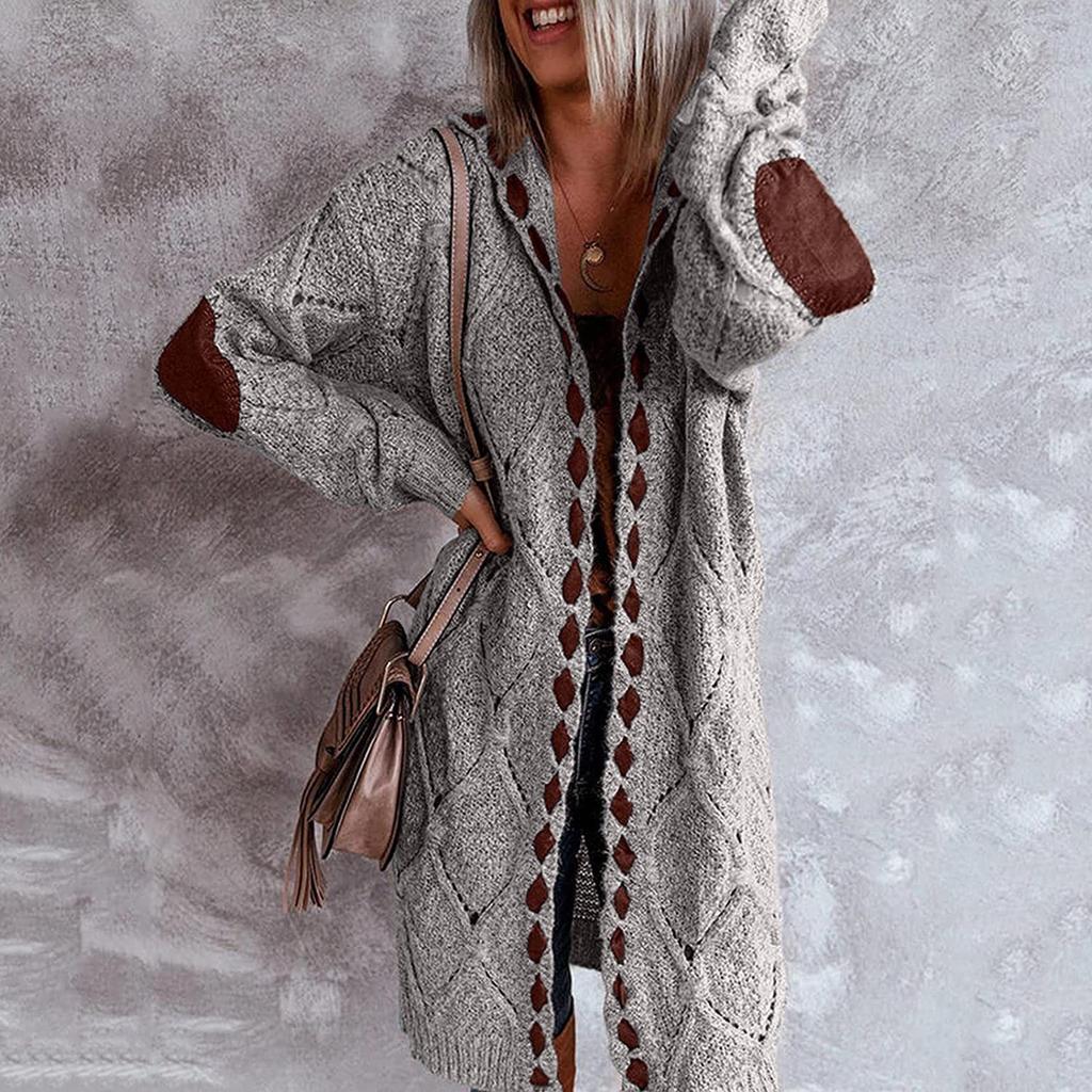 Plus Size Cardigan For Women, Long Open Front Chunky Knit Sweaters Elbow Patch Long Sleeve Outerwear Coat