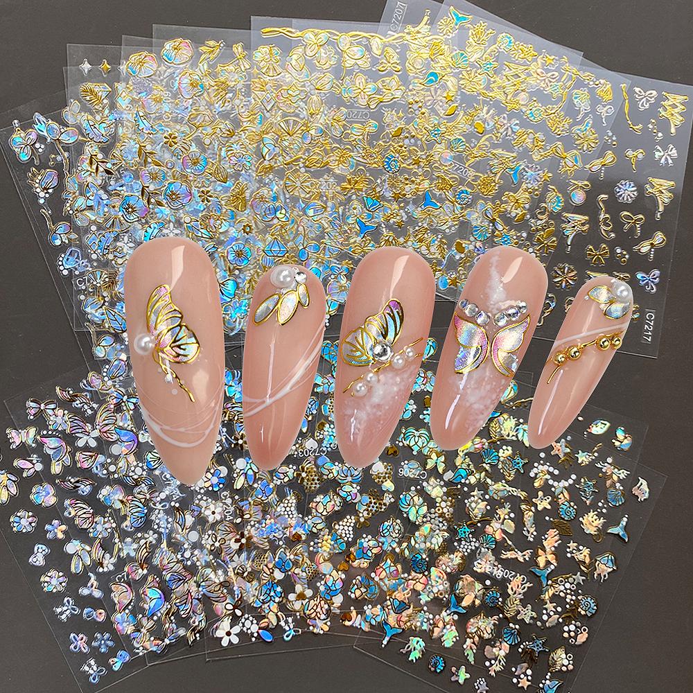 20 шт./компл. 3D голографическая лазерная Золотая наклейка для ногтей с бабочкой, бронзовые цветы, сердце, самоклеящиеся слайдеры для ногтей, маникюрные наклейки