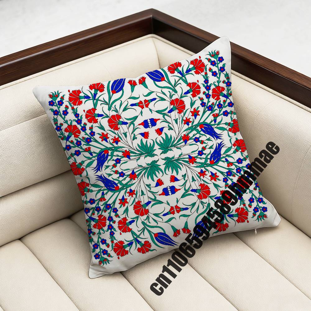 For Turkish Watercolor Painting Iznik Tile Floral Prints Throw Pillow Case Sham 45Cm Square Car Pillowcase Pad Cushion Cover