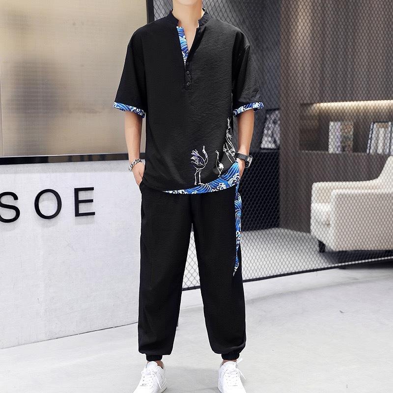 Men's Summer Thin Sportswear Short Sleeve + Long Pants 2 Piece Set