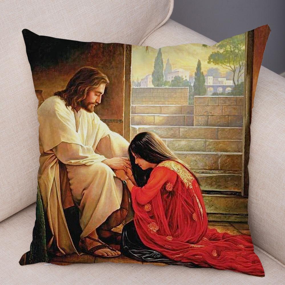 Vintage Jesus Christ Cushion Cover for Sofa Home Decor Colorful Cartoon Christ Savior Pillow Case Soft Plush Pillowcase xcm