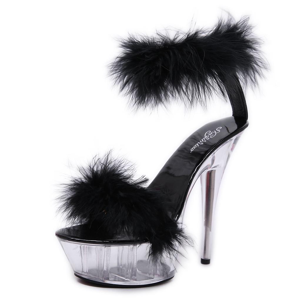 Model High Heels Stiletto Sexy Black Waterproof Table High Super High Heel Fluffy Sandals Women's Summer