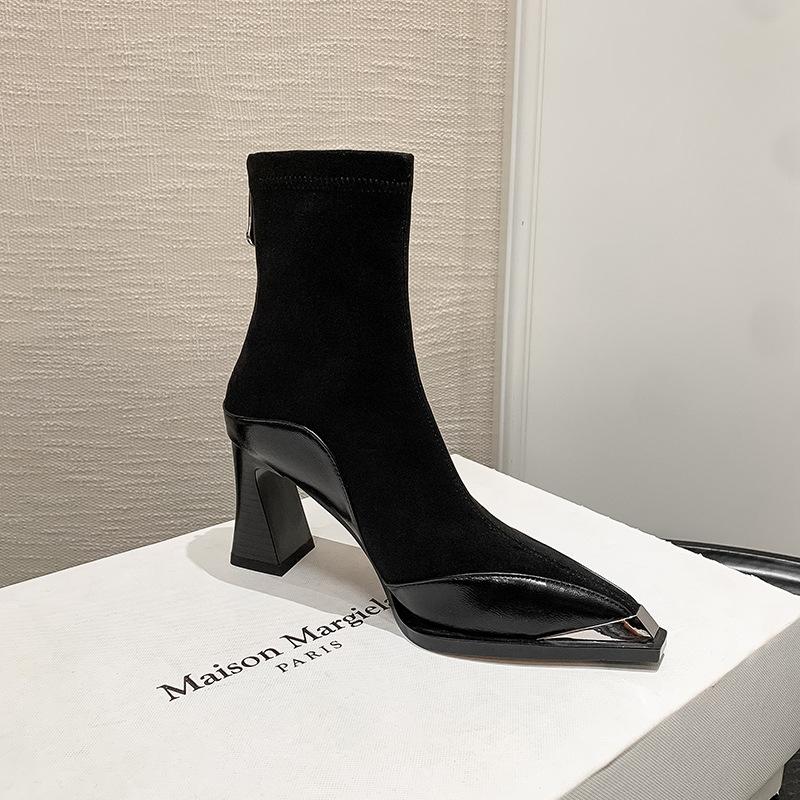 7,5 см французские элегантные эластичные тонкие ботильоны 2025 осень и зима новые остроносые на толстом каблуке на молнии темпераментные маленькие короткие ботинки
