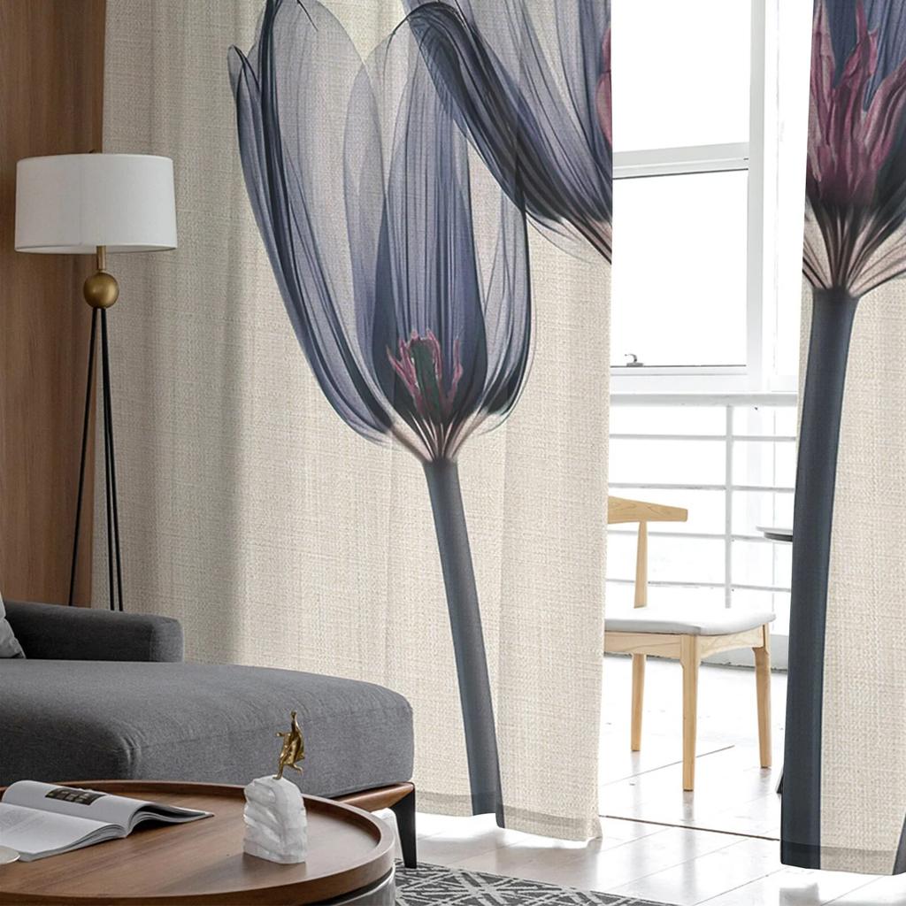 Цветок тюльпана, прозрачные синие прозрачные шторы для спальни, праздничное украшение, оконная вуаль, тюлевая занавеска