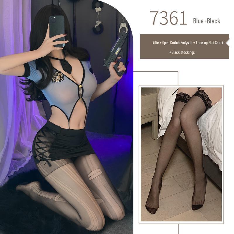 Night Piano Women's Sexy Police Uniform & Flight Attendant Lingerie Set - Cutout Bodysuit with Hip-Hugging Skirt, Style 7361.