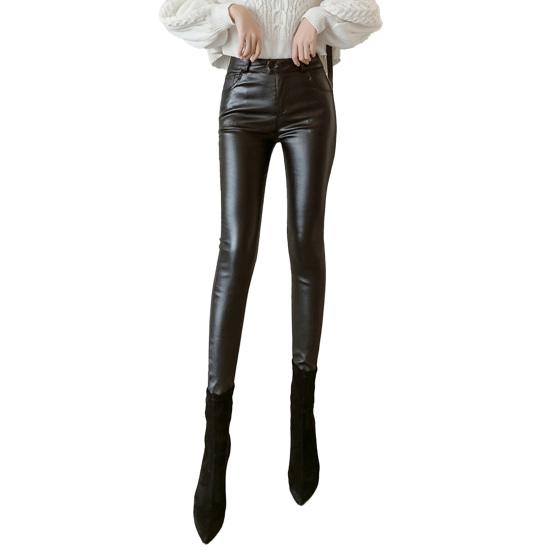 Artificial Leather Leggings High Waist Button Closure Matte Elastic Pencil Pants with Pockets Solid