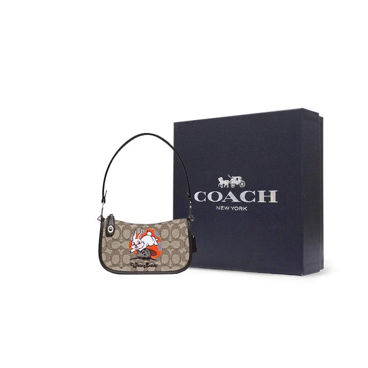 New COACH All White Rabbit Collaboration Swinger Cow Leather With Fabric Shoulder Bag Women's Khaki & Black CG275-LHUW7
