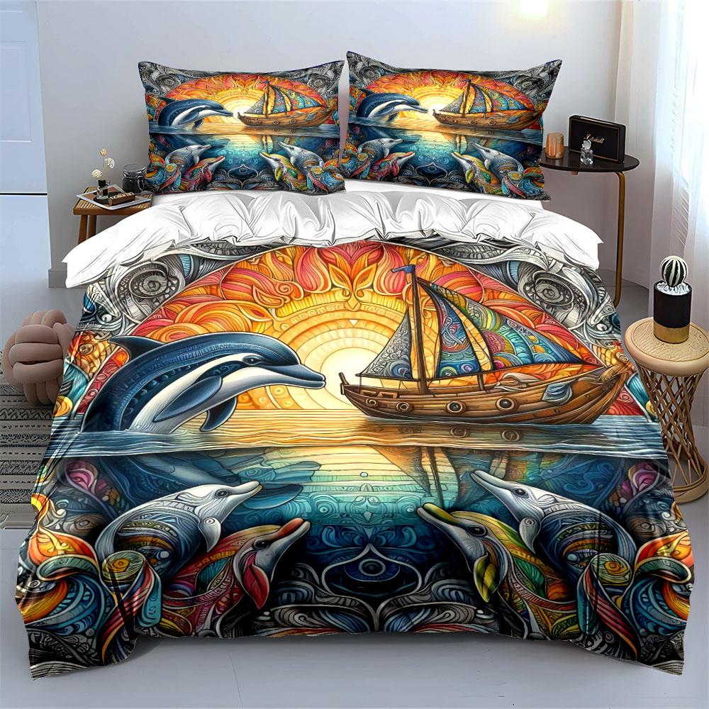 Colorful Ocean Dolphins Artwork Decor Bedding Set with 1 Duvet Cover 2 Pillowcases Single Double King Queen, Gift