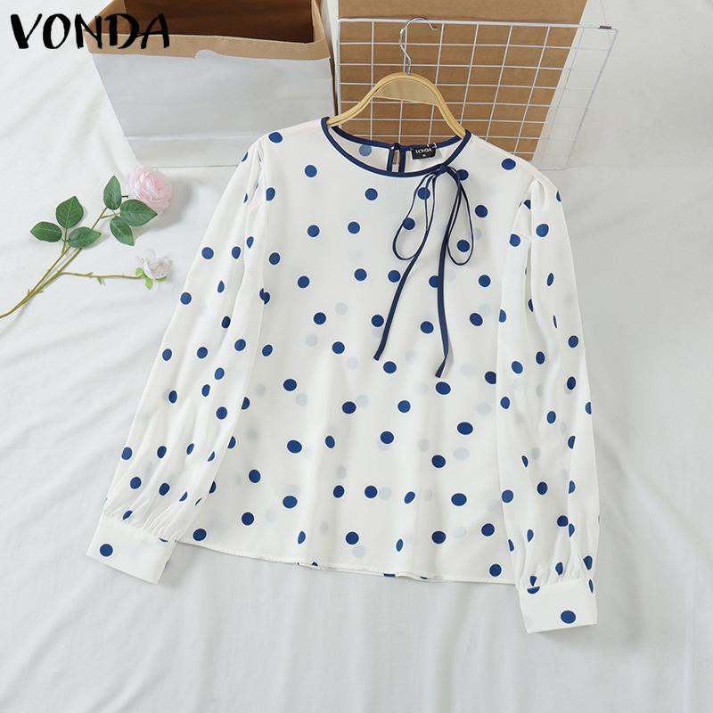 VONDA Женские осенние блузки с круглым вырезом и длинным рукавом в горошек на шнуровке