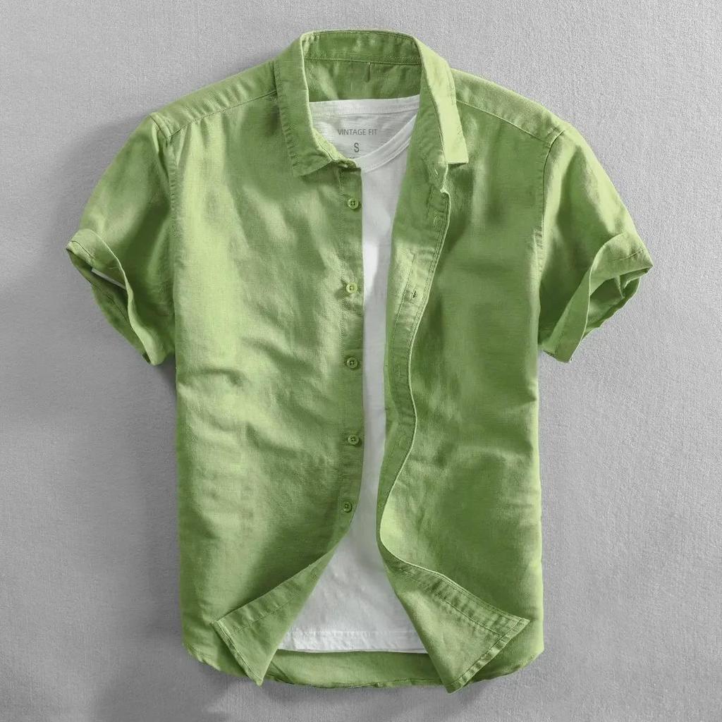 Мужская модная повседневная белая рубашка из хлопка и льна с коротким рукавом