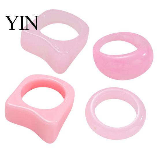 Smooth Polished Rings 4 Pcs Resin Chunky Ring Set for Women, Square Travel Jewelry Dome Statement Stackable Rings, Pink Knuckle Accessories