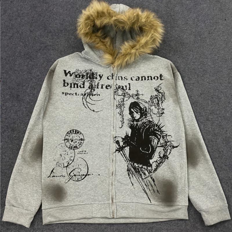 Европейская и американская осень и зима однотонная повседневная личность граффити принт плюшевая шляпа поля тренд женская мода толстовка с капюшоном