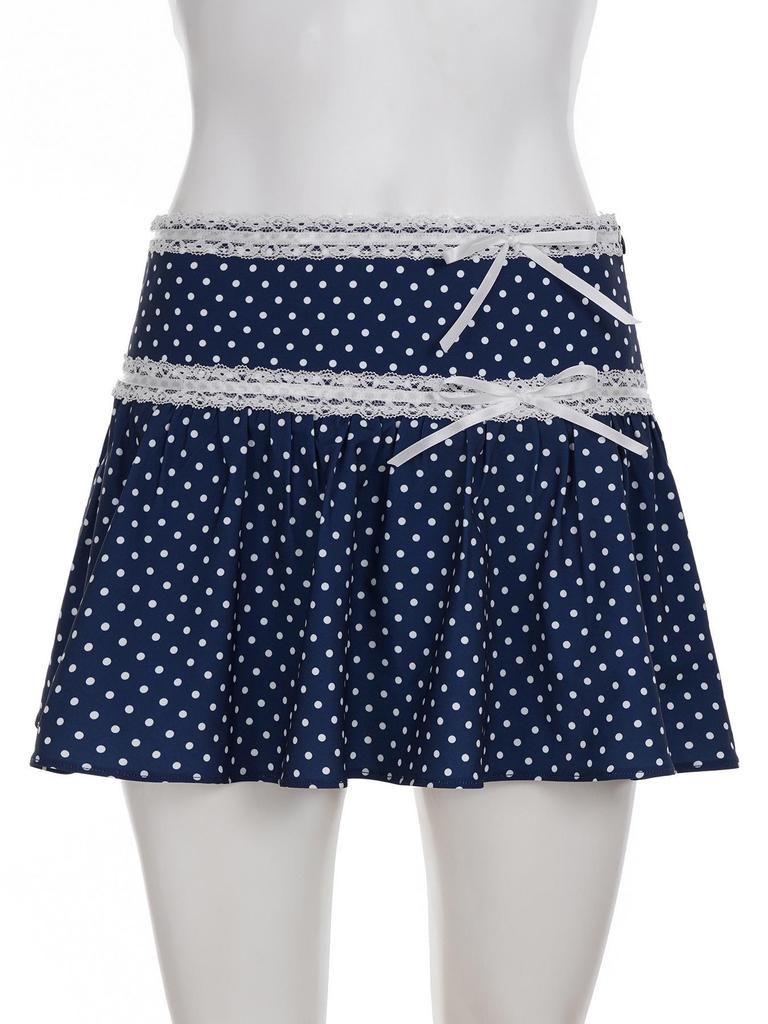 Retro Polka Dot Bow Lace Trim A-line Skirt - Summer Slimming Style