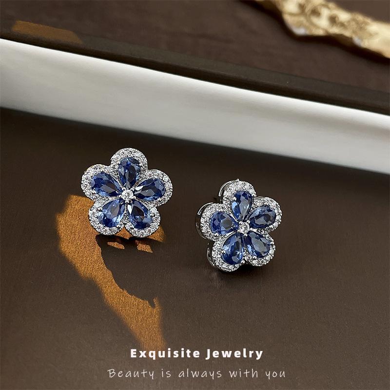 Ретро синие цирконы цветок серебряная игла пусеты персонализированные изысканные серьги