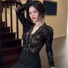 Autumn and Winter Slim and Slim Lace Bottom Shirt Spicy Girl Sexy Hollow Out Design Long Sleeve Top