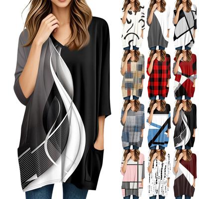 Женские топы с V-образным вырезом и рукавом 3/4 Блузки Повседневные рубашки средней длины Модные принты Туники Топы с карманами