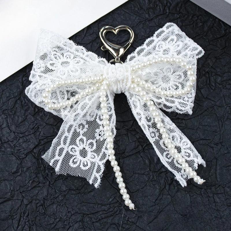 Korean Cute Lace Bow Pearl Beaded Phone Pendant Chain Accessories Aesthetic Ballet Shoes Camera Bag Decoration Keychain Gift