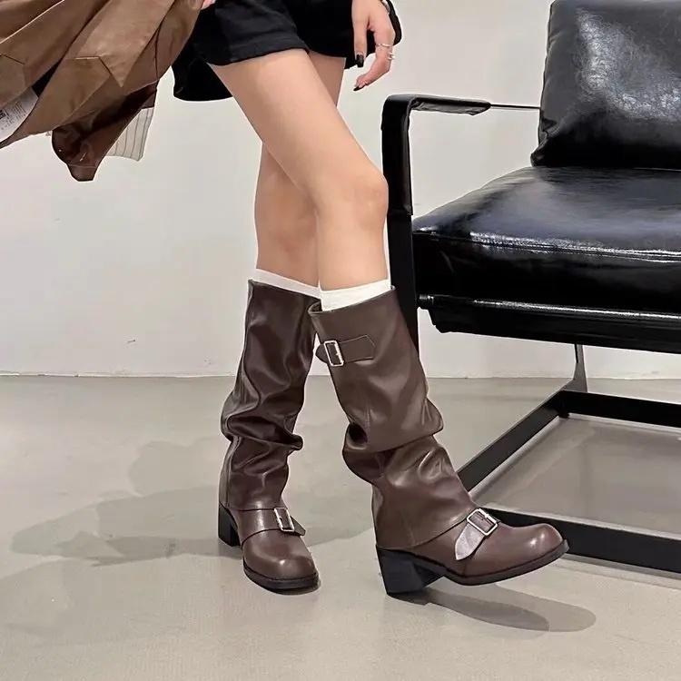 Women'S Over-Knee Long Boots Round Toe Western Knight Boots Thick Heel Autumn Winter New Style Polyurethane Rubber Material