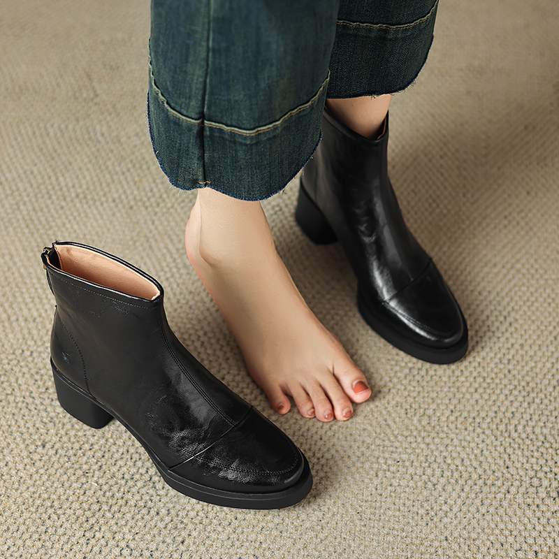 Krazing Pot Cow Skin Winter Round Toe Chunky Heels Fashion Boots Women Zipper Retro Elegant Women Ankle Boots