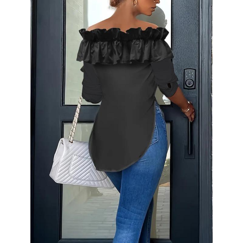 Новая блузка с открытыми плечами, оборками и длинными рукавами, весенняя женская повседневная блузка неправильного кроя, однотонная, приталенная, модный топ для офисной леди