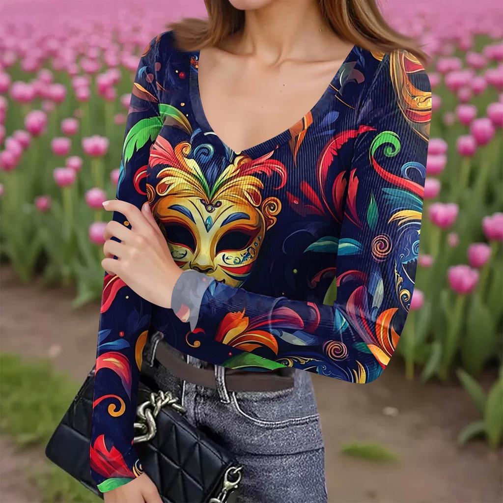 Женская зимняя приталенная футболка-базовый слой, модный принт, V-образный вырез, пуловер, топ с длинным рукавом