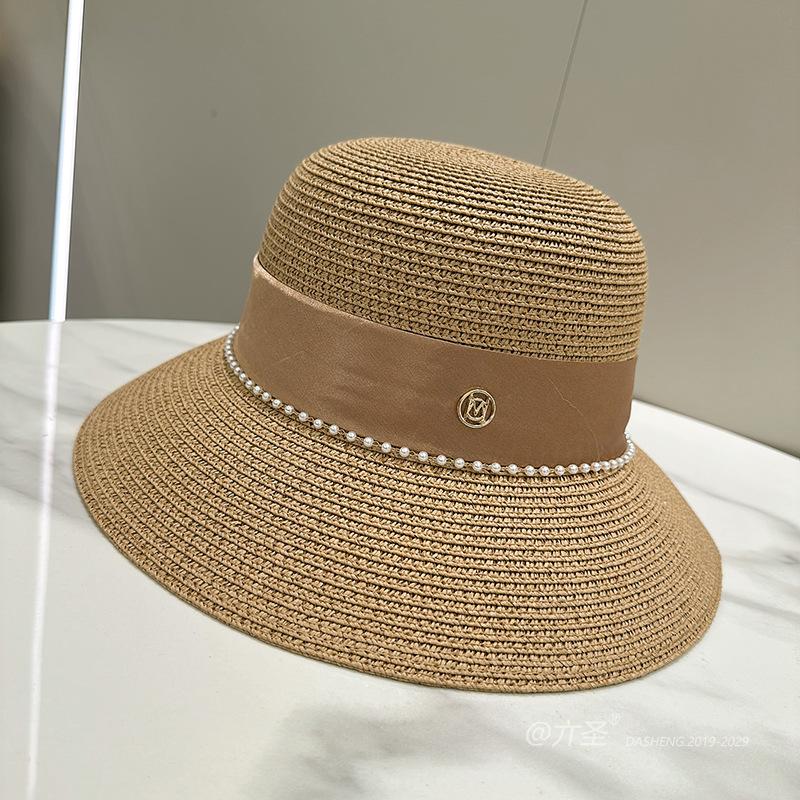 Straw Hat Elegant Women's M Standard Pearl Bowler Hat Light Bucket Hat Wide Brim Sunshade Straw Hat