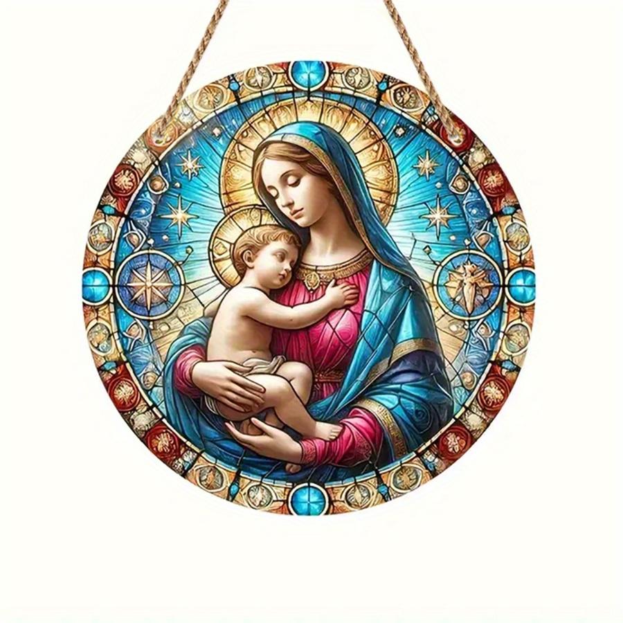 1pc 2d Flat Wood Christian Religion Mary Suncatcher, Translucent Stained Window Hanging, Round Wooden Sign- 20cm Porch, Wall, Home, Room, Cafe Holiday