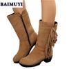Fringe Women Snow High Boots High Heels Shoes 2025 Trend Suede Chunky Zipper Mid-calf Chelsea Boots Casual Pumps Mujer Botas