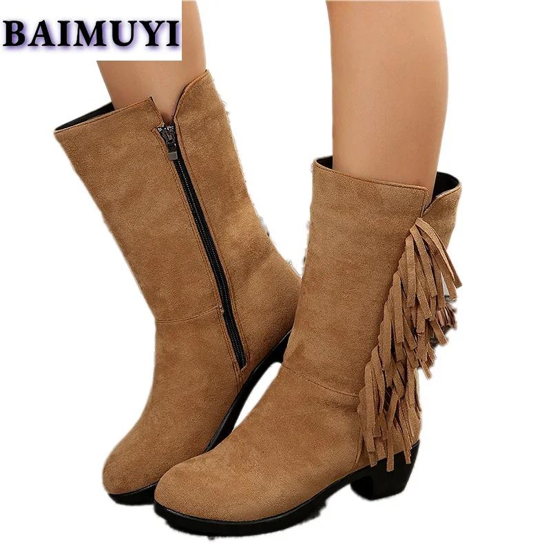 Fringe Women Snow High Boots High Heels Shoes 2025 Trend Suede Chunky Zipper Mid-calf Chelsea Boots Casual Pumps Mujer Botas