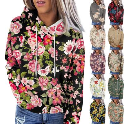 Женская модная повседневная толстовка с капюшоном и цветочным принтом с длинным рукавом