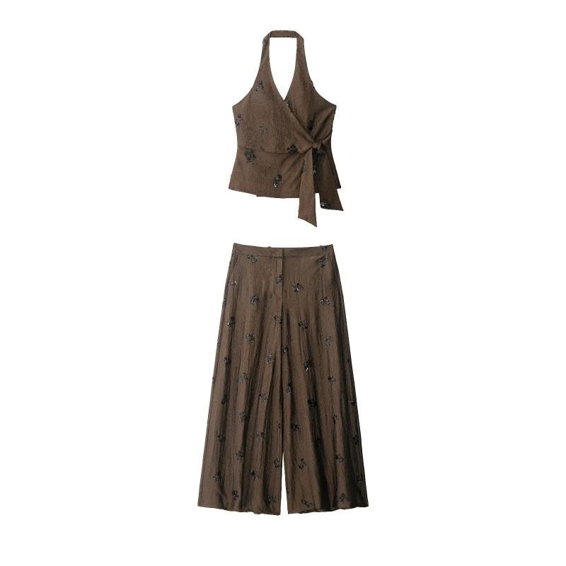 Womens Elegant Beaded Halter Top Wide-Leg Pants Set Casual Outfit Retro Chic 2-Piece Ensemble