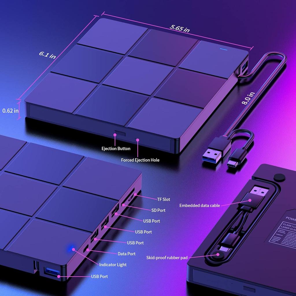 Внешний CD/DVD-привод, DVD-плеер для ноутбука, Ультратонкий портативный CD-резак USB 3.0, Оптический привод, совместимый с настольным ПК Mac