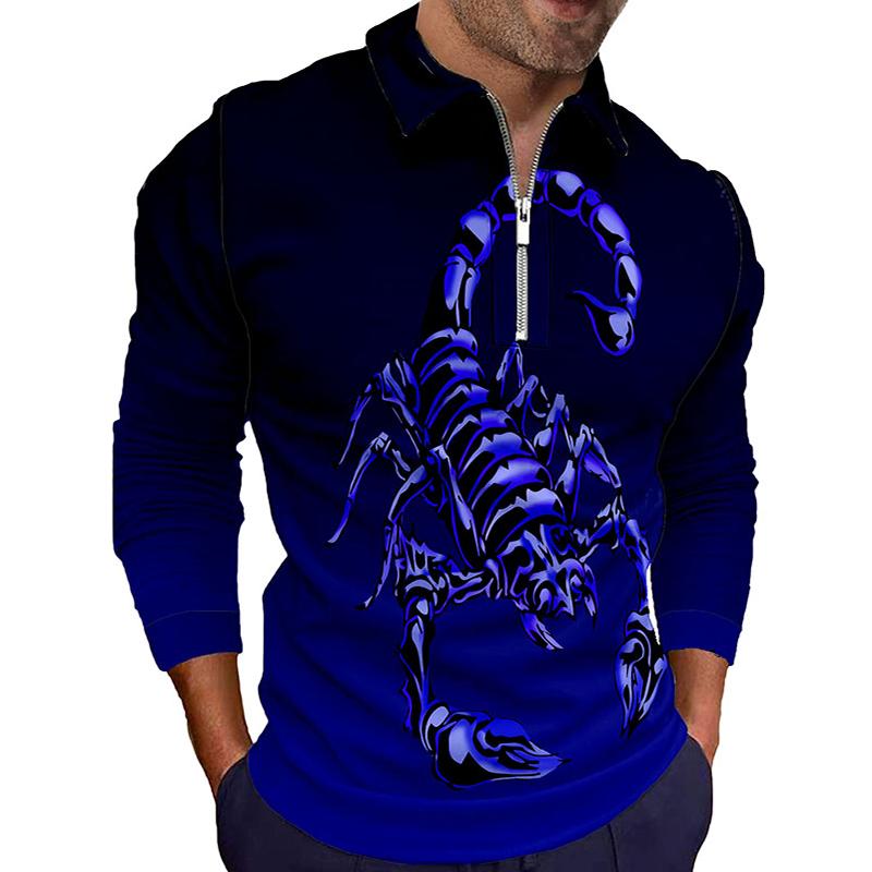 Персонализированная мужская рубашка поло на молнии с принтом скорпиона, повседневная супермодная крутая рубашка поло уличной моды.