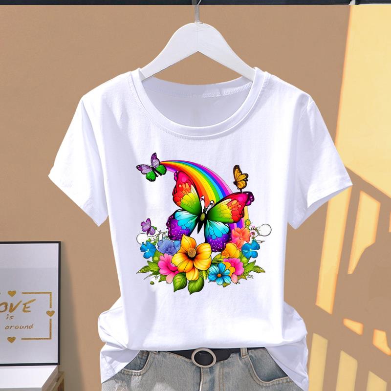 (Asian Size) Short Sleeve T-shirts flower butterfly trend cute Women's Top T Clothing Print  Fashion Female Casual O-neck Graphic Tee