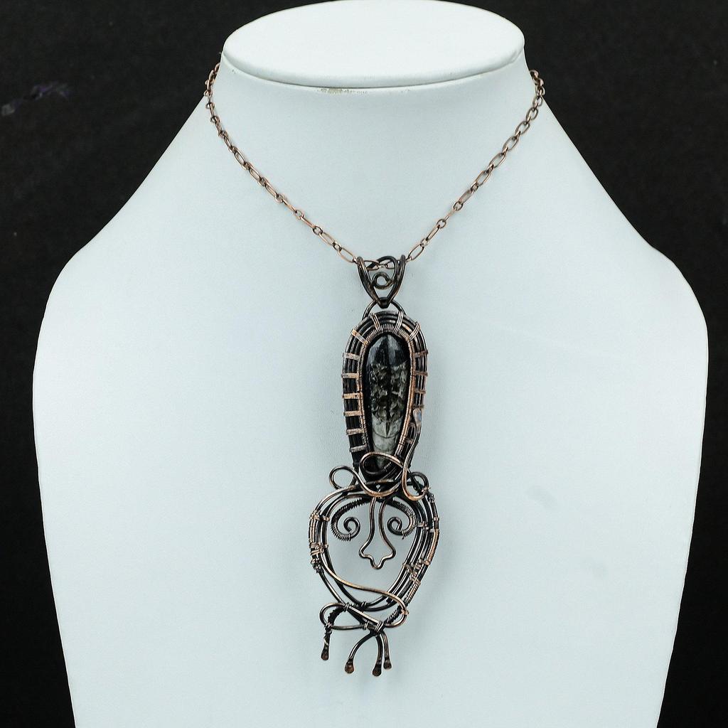 Подвеска Orthoceras Fossil, подвеска из медной проволоки, подвеска ручной работы, изящная медная бижутерия, подвеска для женщин, подвеска из драгоценных камней, подарок для него