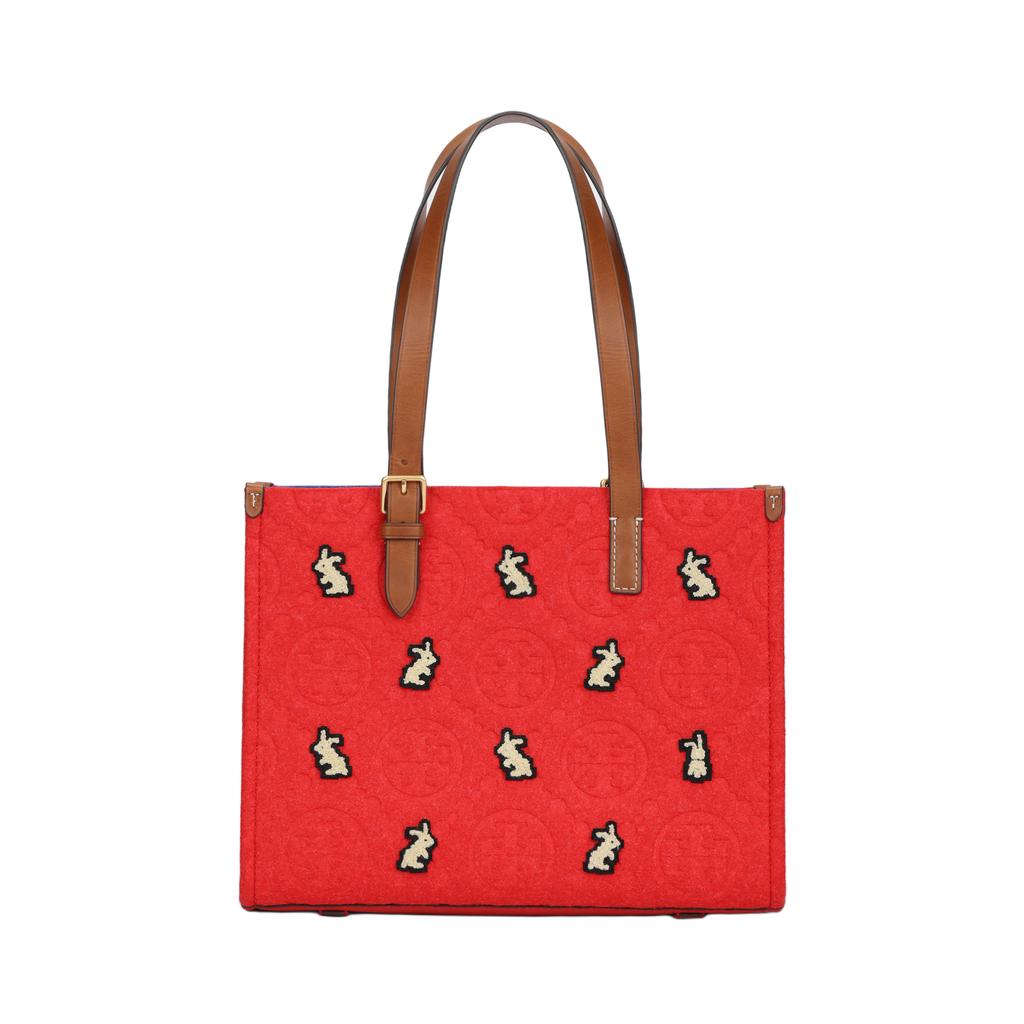 Tory Burch T Monogram Embroidered Rabbit Pattern Tote Bag Shopping Bag Shoulder Leather Trim Handbag Women tote 143382-601
