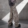 Mens Oversized Straight Cut Leopard Print Washed Denim Jeans Low Rise Zip Fly Casual Streetwear