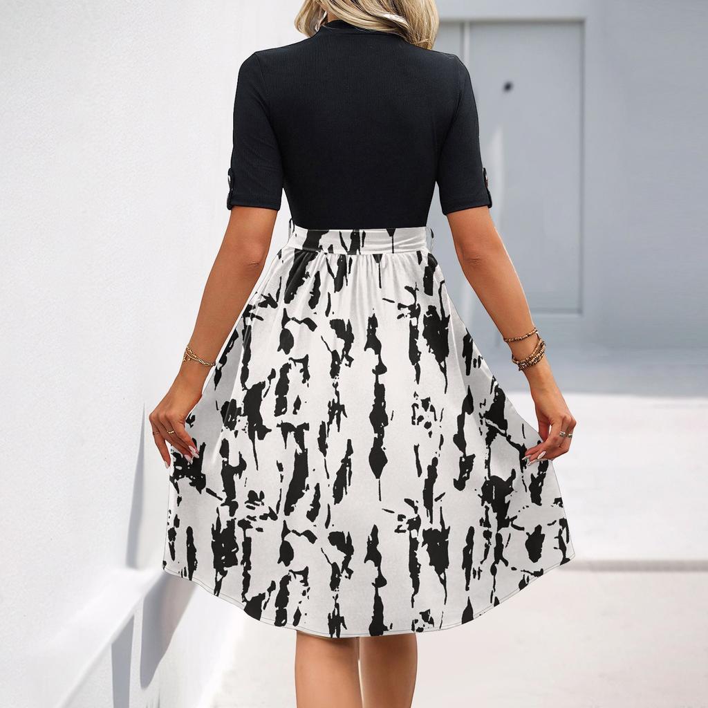 Women's Fashion Casual Belt Short Sleeve Round Neck Floral Elegant Temperament Dress