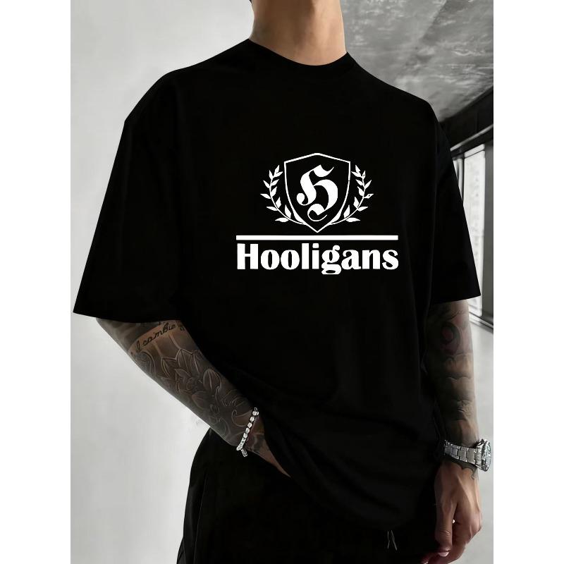 Футболка с принтом 'Hooligans' - Мягкая, Дышащая, Удобная, Подходит для Всех Сезонов - Обычный Крой, БОЛЬШИЕ РАЗМЕРЫ