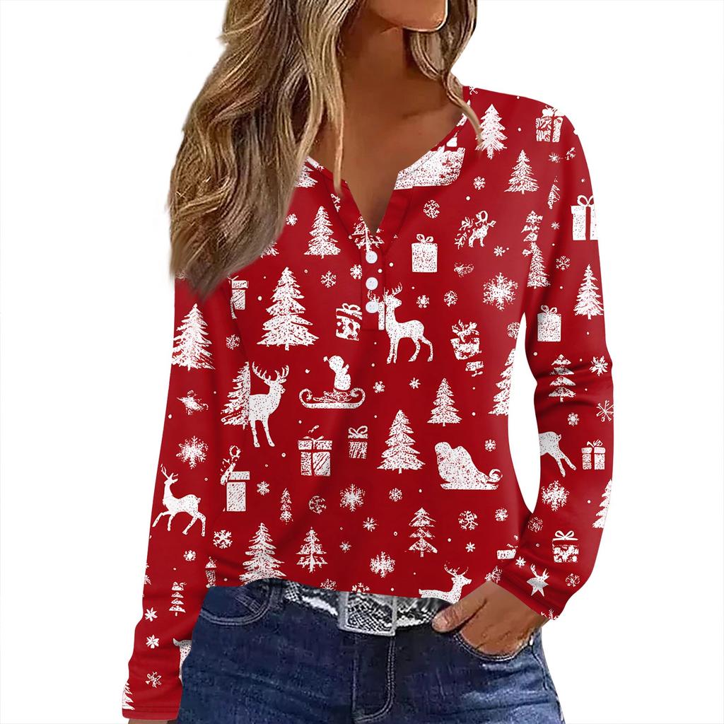 Женская футболка с рождественским принтом на пуговицах с длинным рукавом, повседневная, выходного дня, модная, базовая, с V-образным вырезом, обычная