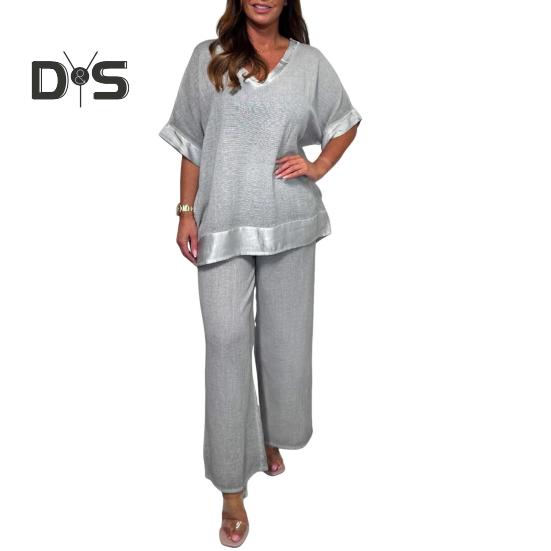 Женский повседневный комплект из двух частей, большой размер, топ с V-образным вырезом и короткими рукавами, широкие брюки, летний свободный комплект для отдыха