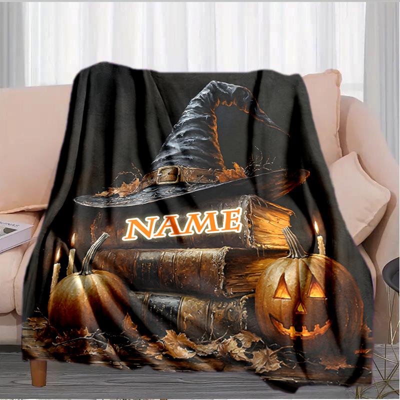 1PC Custom Name Halloween Witch Hat Jack-o'-lanterns outdooor Flannel blankets Throw Blanket All-Season Throw Gift Bedspread for Couch, Bed, Camping H