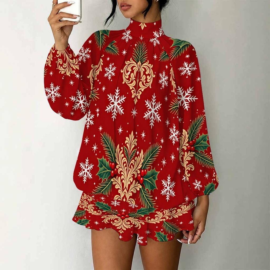 Women's 3D Christmas Tree Print Mock Neck Long Sleeve Dress, Raglan Sleeve Fake Two Piece Mini Dress